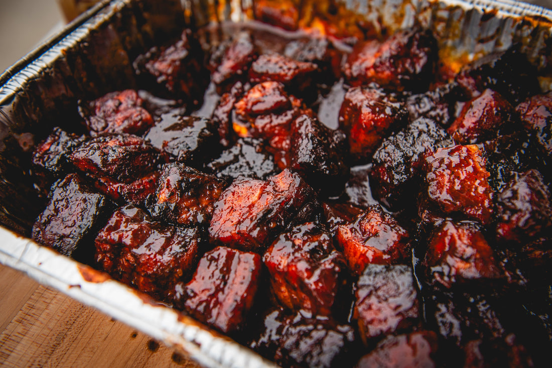Whiskey Peach Pork Belly Burnt Ends